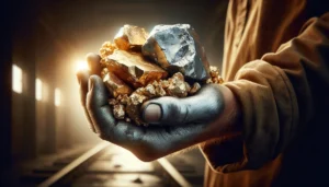 A miner's hand holding chunks of raw gold and silver