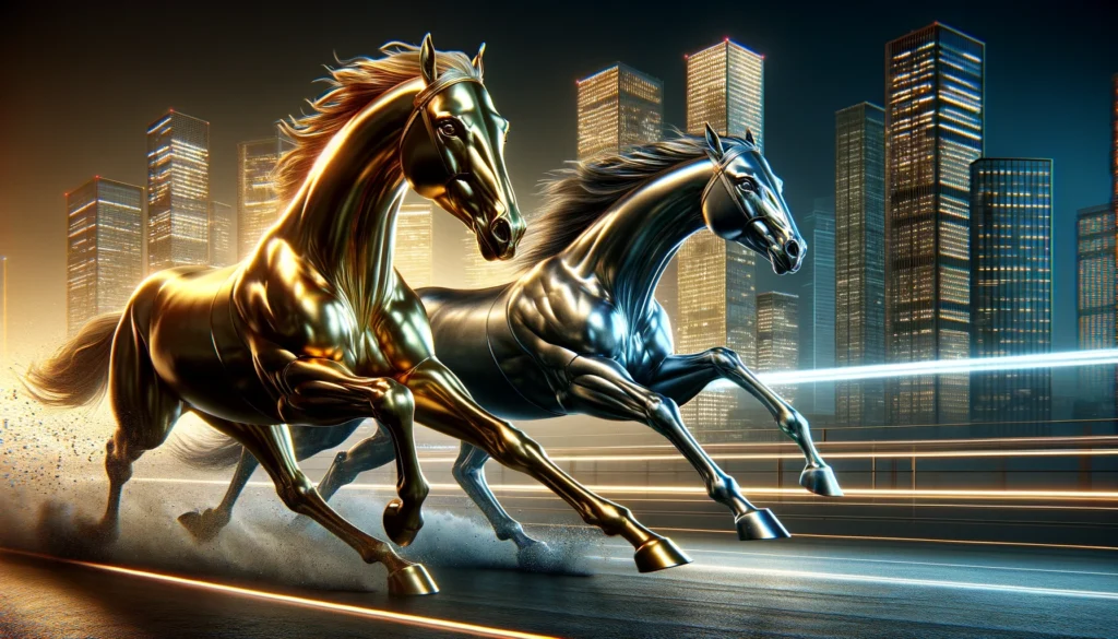gold and silver horses racing in a modern city scape