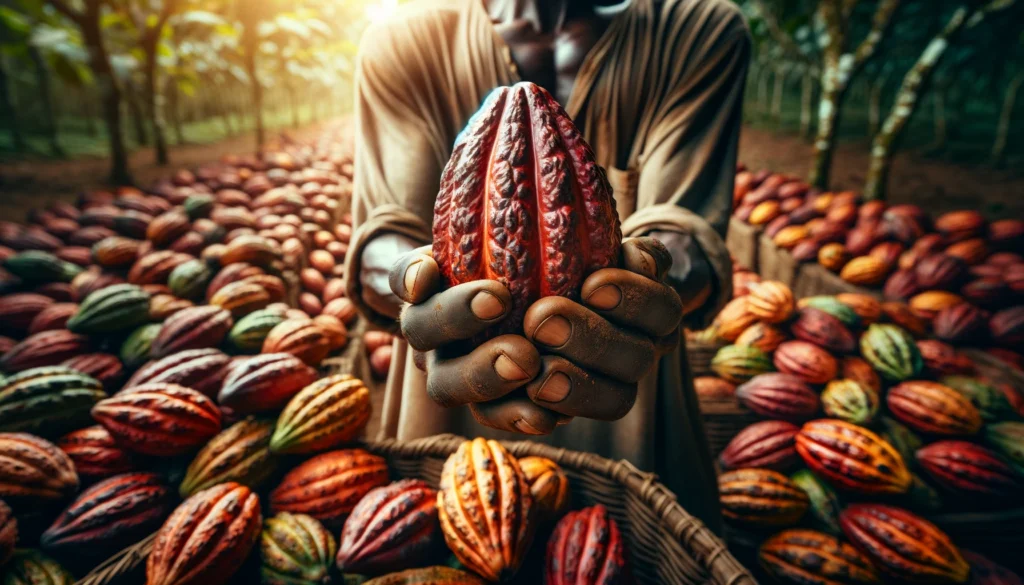 A depiction of an African farmer with cocoa beans