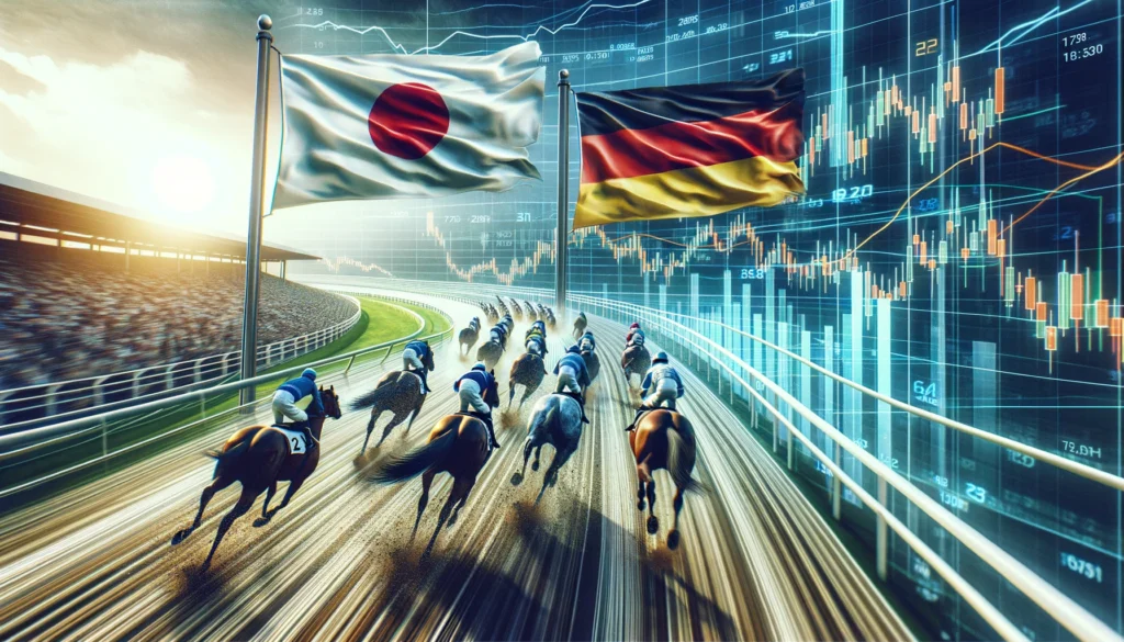 horses in a racing track, with the flags of Japan and Germany, hinting the Japanese's economic rank falling behind to the 4th place
